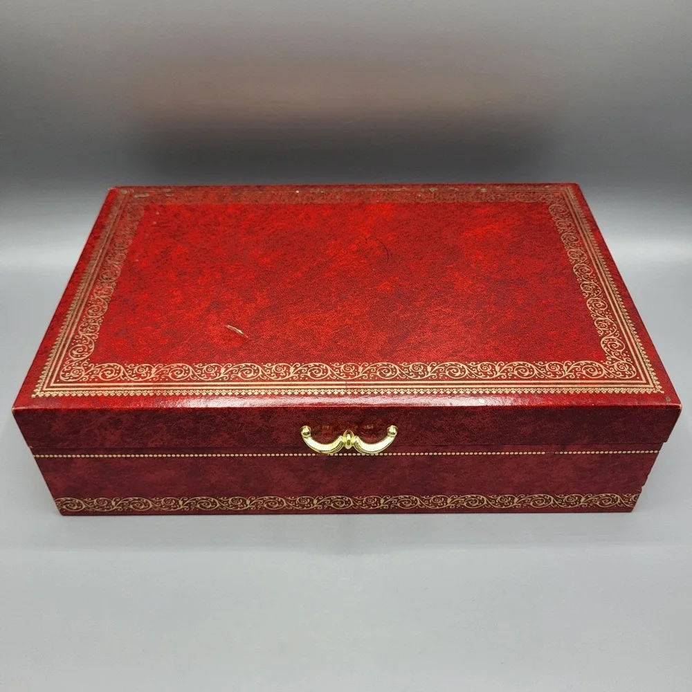 Vintage Mele Jewelry Box Womens Red Tiered Faux Leather Gold Filigree AS IS